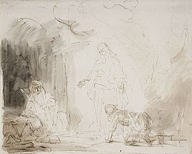 Samuel ilmestyy Saulille Endorin noidan läsnäollessa, n. 1640–1643, 17,2 × 21,3 cm, muste paperille, Muzeum Narodowe w Warszawie, Varsova.[9]