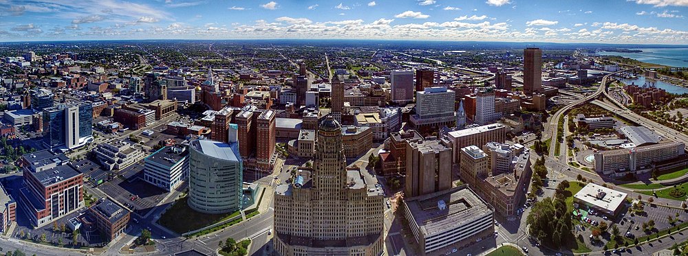 Aerial view of Buffalo's skyline. At center is the Robert H. Jackson United States Courthouse and the Art Deco Buffalo City Hall, with the Buffalo City Court Building to the right. On the far right is One Seneca Tower, formerly the HSBC Building. Buffalo Panorama 2015.jpg
