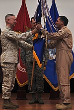 Commander of United States Central Command General James Mattis passes the United States Air Forces Central Command or Ninth Air Force guidon to then recently appointed Ninth Air Force Commander Lieutenant General David L. Goldfein at Shaw Air Force Base, South Carolina on August 3, 2011. CENTCOM Commander Gen. James Mattis with Ninth Air Force Commander Lt. Gen. David Goldfein.jpg