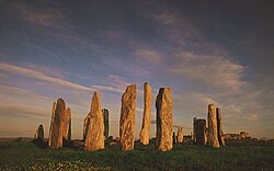 Callanish Stones, erected in the late Neolithic era Callanish at sunset - geograph.org.uk - 820680.jpg