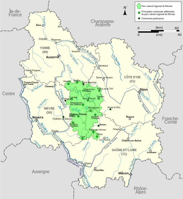 Localisation du parc naturel régional du Morvan dans la Bourgogne