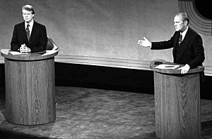 Incumbent U.S. President Gerald Ford and Jimmy Carter behind lecterns during a debate during the 1976 presidential election Carter and Ford in a debate, September 23, 1976 (cropped).jpg