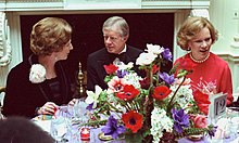 Jimmy and Rosalynn Carter hosting a state dinner for Margaret Thatcher at the White House during her 1979 visit to the United States Carters with Margaret Thatcher state dinner (cropped1).jpg