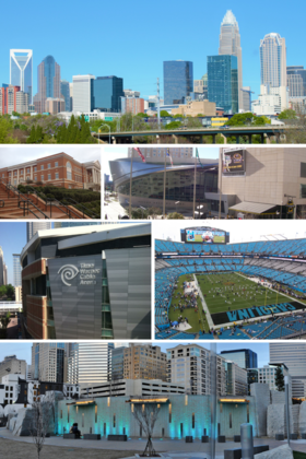 From top to bottom, left to right: Charlotte skyline, UNC Charlotte, NASCAR Hall of Fame, Spectrum Center, Bank of America Stadium, Romare Bearden Park
