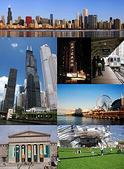 Az óramutató járása szerint fentről: a belváros látképe, a Willis (korábban Sears) Tower, a Chicago Theatre, a Chicago 'L', a Navy Pier, a Millennium Park és végül balra lent a Field Museum