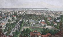 Aerial engraving of a 19th-century city with trees and homes