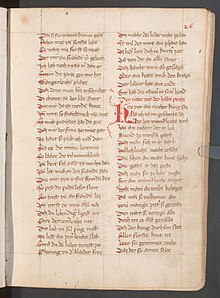 Blatt 26 eines mittelalterlichen Codex mit dunkelbrauner Schrift und roten Hervorhebungen. Die Überschrift: Der ritter mit der halben piren. Codex 2885 der Österreichischen Nationalbibliothek