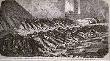 Gravure en noir et blanc montrant, dans une pièce sombre, une vingtaine de cercueils et de cadavres alignés.