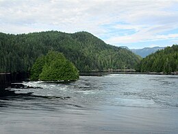 Dent Rapids, which flows east to west between the mainland coast and Sonora Island