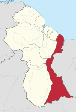 Map of Guyana showing East Berbice-Corentyne region