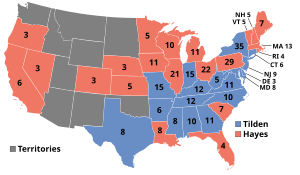 Карта Соединенных Штатов с результатами выборов 1876 года.