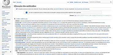 Capture d'écran d'une liste de météorites sans l'affichage du sommaire de MediaWiki permettant de naviguer entre les sections de météorites