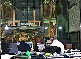 The Ghent Altarpiece during technical analysis in Saint Bavo's Cathedral Gent-CatedralStBavon-Poliptic-vanEyck-1765sh.jpg