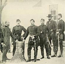 General George B. McClellan with staff and dignitaries, including from left to right: Gen. George W. Morell, Lt. Col. A.V. Colburn, Gen. McClellan, Lt. Col. N.B. Sweitzer, Prince de Joinville (son of King Louis Philippe of France), and the prince's nephew, Count de Paris (on far right) GeorgeMcClellan1861a.jpg