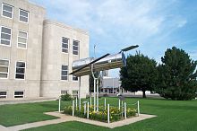 One-quarter scale model at the courthouse in Marshfield, Missouri, a hometown of Edwin Hubble Hubble Space Telescope Scale Model.JPG