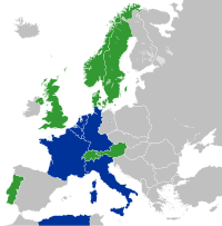 The Inner Six (blue) and Outer Seven (green) of European integration from 1961 until 1973: .mw-parser-output .legend{page-break-inside:avoid;break-inside:avoid-column}.mw-parser-output .legend-color{display:inline-block;min-width:1.25em;height:1.25em;line-height:1.25;margin:1px 0;text-align:center;border:1px solid black;background-color:transparent;color:black}.mw-parser-output .legend-text{}  EC Members (Inner Six)  EFTA Members (Outer Seven)