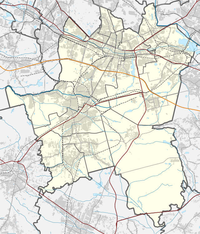 Mapa konturowa Katowic, blisko centrum u góry znajduje się punkt z opisem „ulica Francuska”