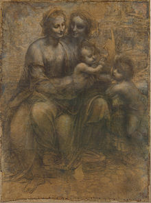 Drawing of a woman sitting on the lap of another woman, holding a baby in her arms, who turns towards a child standing on the first woman's knee.