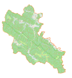 Mapa konturowa gminy Lutowiska, na dole po prawej znajduje się punkt z opisem „źródło”, powyżej na prawo znajduje się również punkt z opisem „ujście”