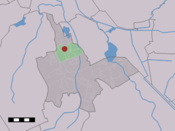 The village (dark red) and the statistical district (light green) of Eelde in the municipality of Tynaarlo.