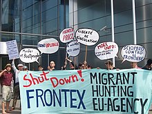 Protests against Frontex in Warsaw in 2008 Migrant hunting EU agency - Shut Down FRONTEX Warsaw 2008.jpg
