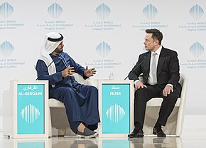 Musk with Emirati politician Mohammad Al Gergawi at the World Government Summit in Dubai in February 2017 Mohammad Al Gergawi and Elon Musk session.jpg