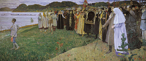 Mikhail Nesterov. In Russia. The Soul of the People. The painting depicts Russian philosophers Vladimir Solovyov, Leo Tolstoy and Fyodor Dostoevsky NesterovMV NaRusi206x483GTG.jpg