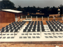 Bifacial solar cell plant in Noto (Senegal), 1988 - Floor painted in white to enhance albedo. Noto Bifacial Plant.png