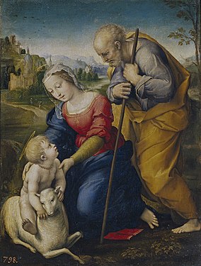 Painting of a group formed by a standing man leaning on a stick, looking at a kneeling woman leaning towards a haloed child riding a lamb on the ground.