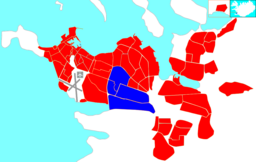 Háaleiti og Bústaðir markerat i blått på en karta över Reykjavik.