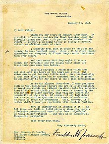 The 1942 "Green Light Letter" sent by President Roosevelt to Commissioner Kenesaw Mountain Landis authorizing wartime baseball Roosevelt letter to Landis.jpg