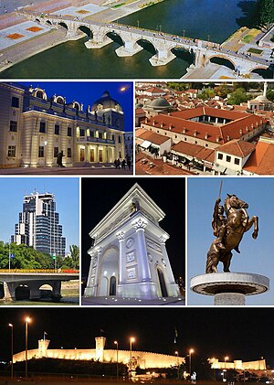 From top to bottom, left to right: Stone Bridge Macedonian National Theatre  Kapan Han in the Old Bazaar  MRT Center  Porta Macedonia  Warrior on a Horse statue Skopje Fortress