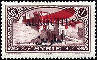 A double overprint; an airplane (indicating airmail) on "ALAOUITES" on 10-piastre stamp of Syria