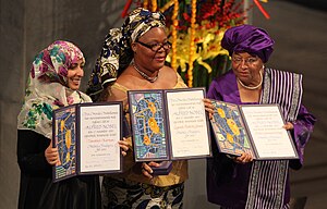 Tawakkul Karman Leymah Gbowee Ellen Johnson Sirleaf Nobel Peace Prize 2011 Harry Wad.jpg