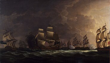 La bataille au clair de lune du cap Saint-Vincent 16 janvier 1780, tableau de 1781 par Dominique Serres l'Ancien (1722–1793), Royal Maritime Museum de Greenwich.