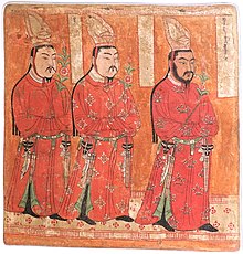 Uyghur princes from Cave 9 of the Bezeklik Thousand Buddha Caves, Xinjiang, China, 8th-9th century AD, wall painting Uighur princes, Bezeklik, Cave 9, c. 8th-9th century AD, wall painting - Ethnological Museum, Berlin - DSC01747.JPG