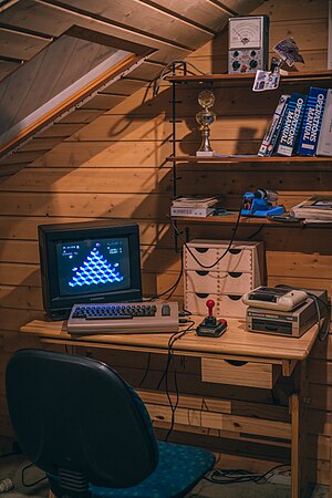 A recreation of a typical Commodore 64 gaming scene in the 1980's.