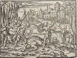 The Iron Age. Engraving by Virgil Solis for Ovid's Metamorphoses, Book I, 141-150. Virgil Solis - Iron Age.jpg