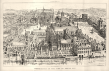 Conjectural restoration of Westminster during the reign of Henry VIII (1509 - 1547). St Stephen's Chapel is in the centre, with the White Chamber and Painted Chamber on the left and Westminster Hall on the right. Westminster in the time of Henry VIII.png