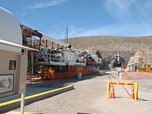 The support structures at the rear of a TBM. This machine was used to excavate the main tunnel of the Yucca Mountain nuclear waste repository in Nevada. Yucca Mountain TBM at South Portal.jpg