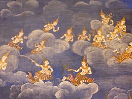 Devas sporting in Heaven; mural in Wat Bowonniwet 018 Devas in Heaven (9174314518) (2).jpg