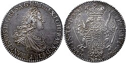 Silver coin: 10 Paoli Francesco III of Tuscany, 1747. On the front of the coin is the Latin phrase: "FRANCISCVS*D*G*R*I*S*A*G*H*REX*LOT*BAR*M*D*ETR" (Francois I, By the Grace of God, Emperor of the Romans, Always Augustus, King of Germany and Jerusalem, Duke of Lorraine and Bar, Grand Duke of Tuscany) 10 paoli 1747 - FRANCIS II.jpg