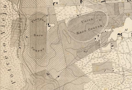 1857 Map showing Pioneer Race Course and nearby Union Race Course (West at top of map)