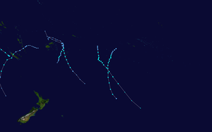 A map of the South Pacific Ocean depicting the tracks of the tropical cyclones in the 2008–09 South Pacific cyclone season.