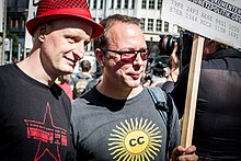 Netzpolitik.org authors Markus Beckedahl (right) and Andre Meister (left) at protest against treason investigations in Berlin, August 2015 20150801 Netzpolitik at protest in Berlin IMG 9196 by sebaso.jpg