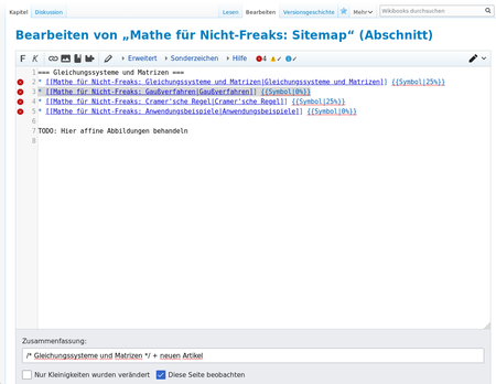Nun muss der entsprechende Link * [[Mathe für Nicht-Freaks: Artikelname|Artikelname]] an der passenden Stelle eingefügt werden. Füge dahinter {{Symbol|0%}} oder {{Symbol|25%}} als Fortschrittsanzeige ein. Das bewirkt, dass oben im neuen Artikel das „Baustellenbanner“ angezeigt wird.