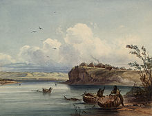 Painting showing a village on a bluff above a river