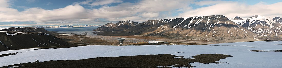 Utsikt över Adventdalen från Kjell Henriksen-observatoriet. De två antennerna i förgrunden på fjället tillhör Eiscat Svalbard Radar.