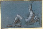 Мужская фигура со спины. Между 1689 и 1722. Голубая бумага, итальянский карандаш, сангина, мел. Лувр, Париж