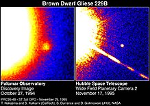 The brown dwarf Gliese 229B in orbit around its star Brown Dwarf Gliese 229B.jpg